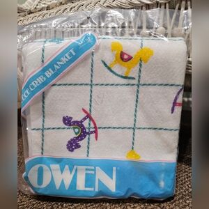 Vintage 90s Owen Fleece Crib Blanket Rocking Horse Satin Trim 40" x 45" Unisex